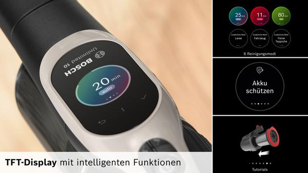 Nahaufnahme eines schwarzen Bosch Staubsaugers mit TFT-Display, das 20 Min. anzeigt.