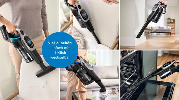 Ein Handstaubsauger wird in verschiedenen Szenarien gezeigt, z.B. auf Polstern, Böden und im Backofen.