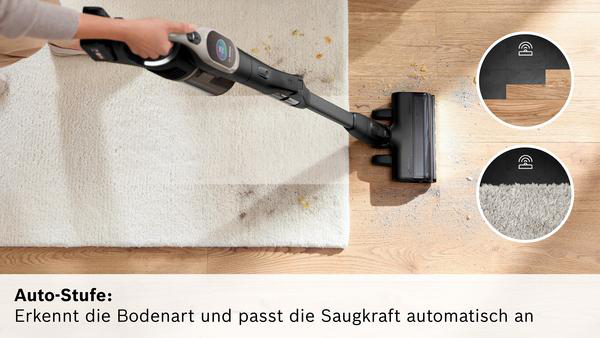 Kabelloser Staubsauger reinigt Teppich und Hartboden. Automatik erkennt Bodenart.