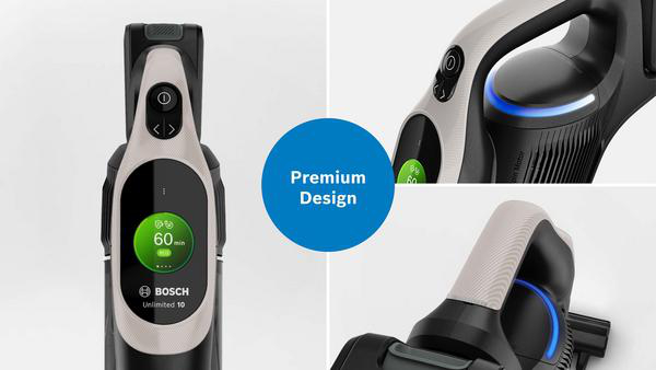 Nahaufnahme eines kabellosen Bosch Staubsaugers mit LED-Anzeige und blauen Lichtern.