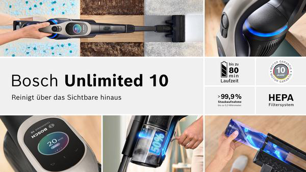 Bosch Unlimited 10 Staubsauger mit Anzeige, Akku und HEPA-Filter.