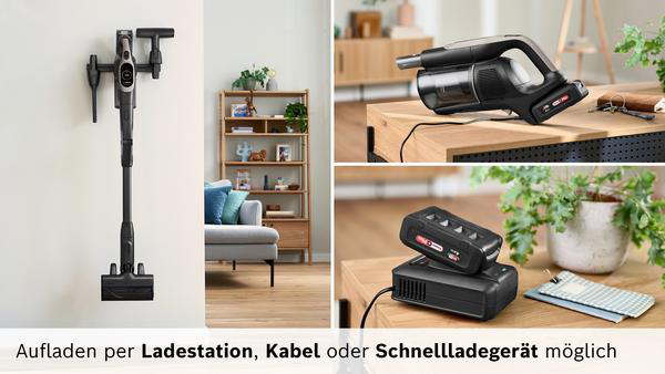 Kabelloser Staubsauger an Wandhalterung, Handteil auf Tisch, Ladegerät mit Akku.