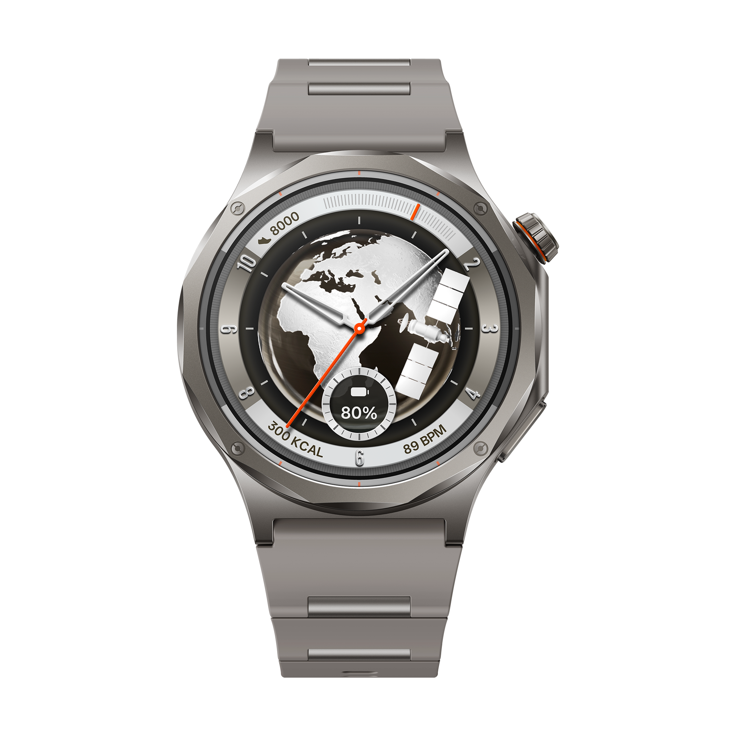 Eine silberne Smartwatch mit Weltkarten-Zifferblatt, Satellit und Fitnessdaten.