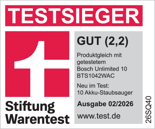 Stiftung Warentest Siegel: Testsieger, gut (2,2) für Bosch Unlimited 10 BTS1042WAC.