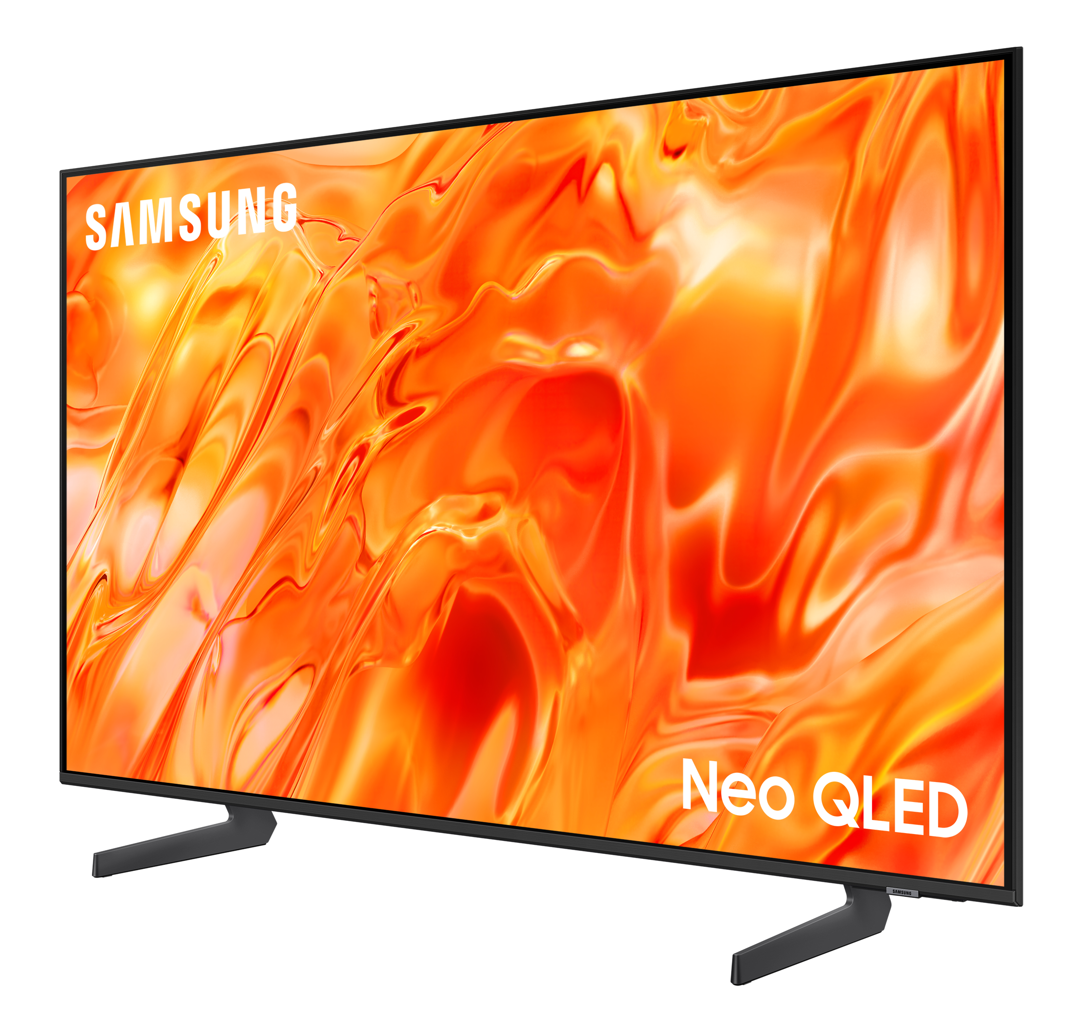 Telewizor Samsung Neo QLED wyświetla jaskrawy pomarańczowy ekran z wirami.