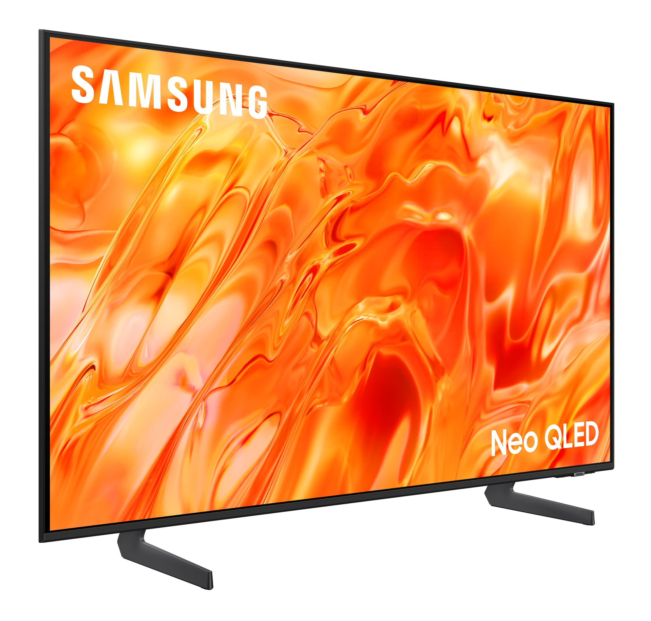Telewizor Samsung Neo QLED z abstrakcyjnym, płynnym, pomarańczowo-żółtym tłem.