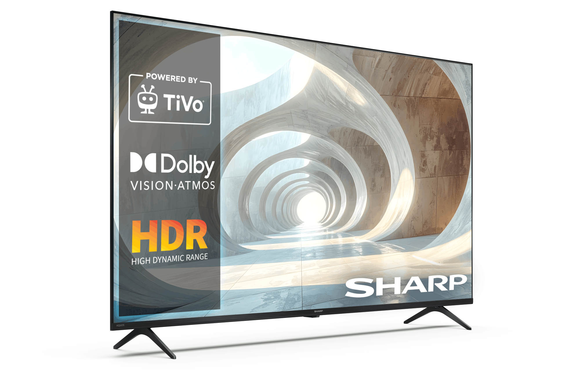 Telewizor Sharp wyświetla na ekranie logo Dolby Vision, HDR i TiVo.