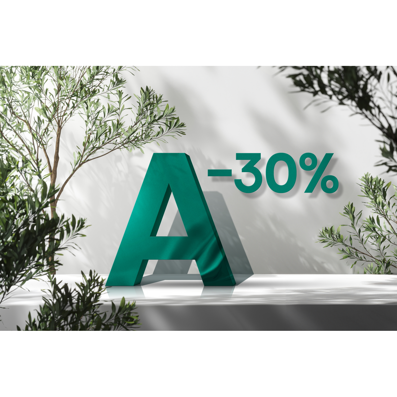 Large green letter A and -30% on a white podium with plants.