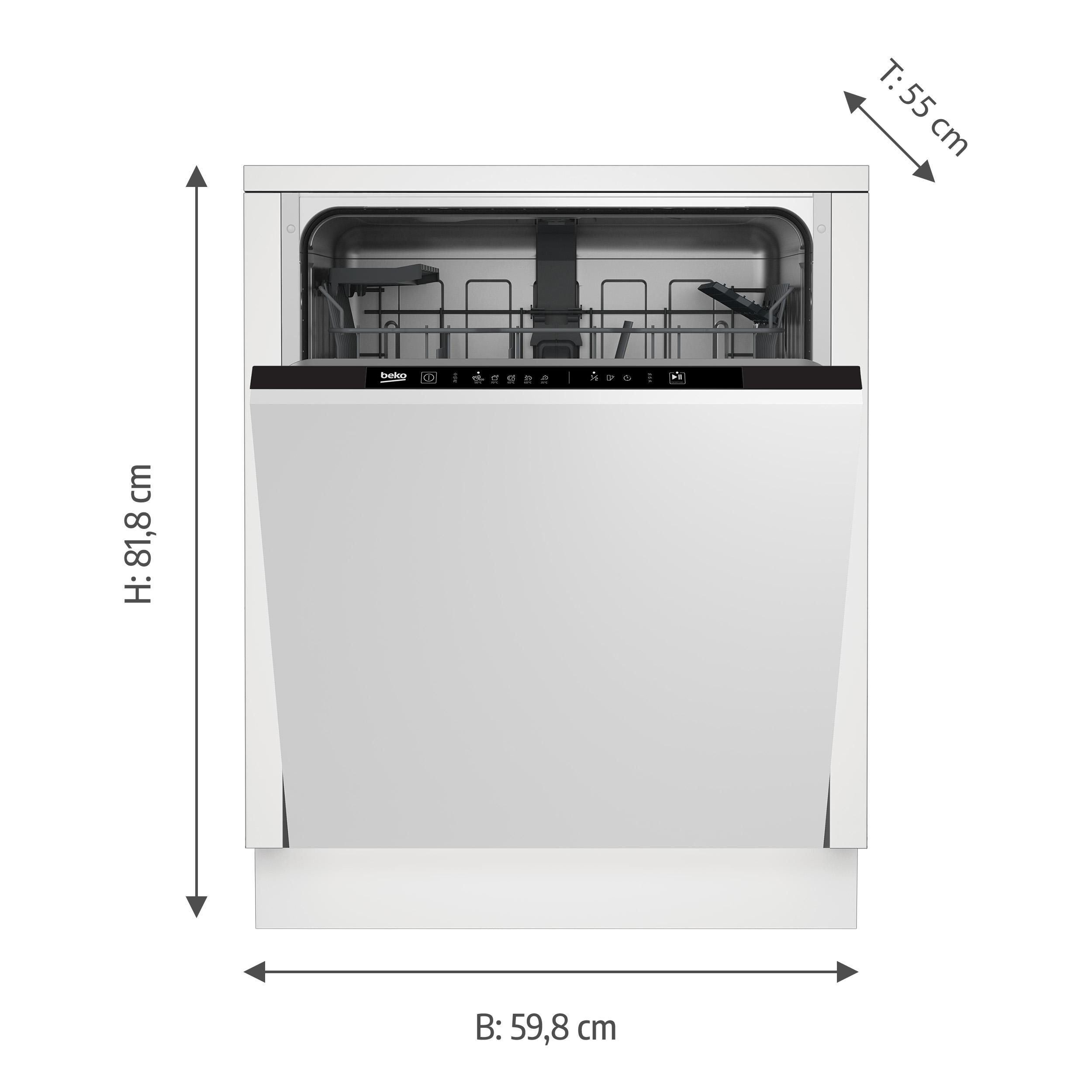 Ein weißer Geschirrspüler mit geöffneter Tür, Maße H: 81,8 cm, B: 59,8 cm, T: 55 cm.