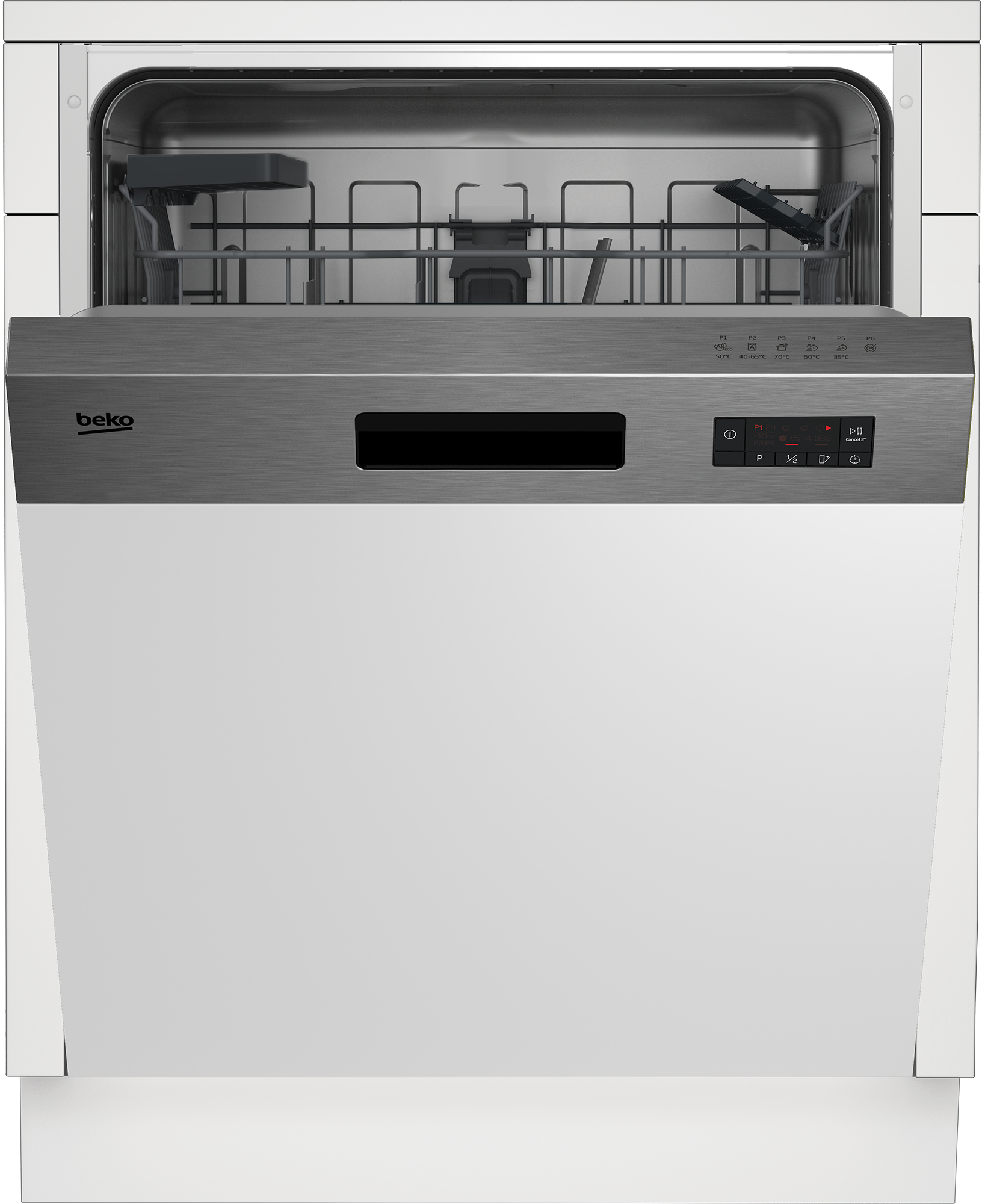 Ein offener Beko-Geschirrspüler mit silberner und weißer Vorderseite und einem Bedienfeld.