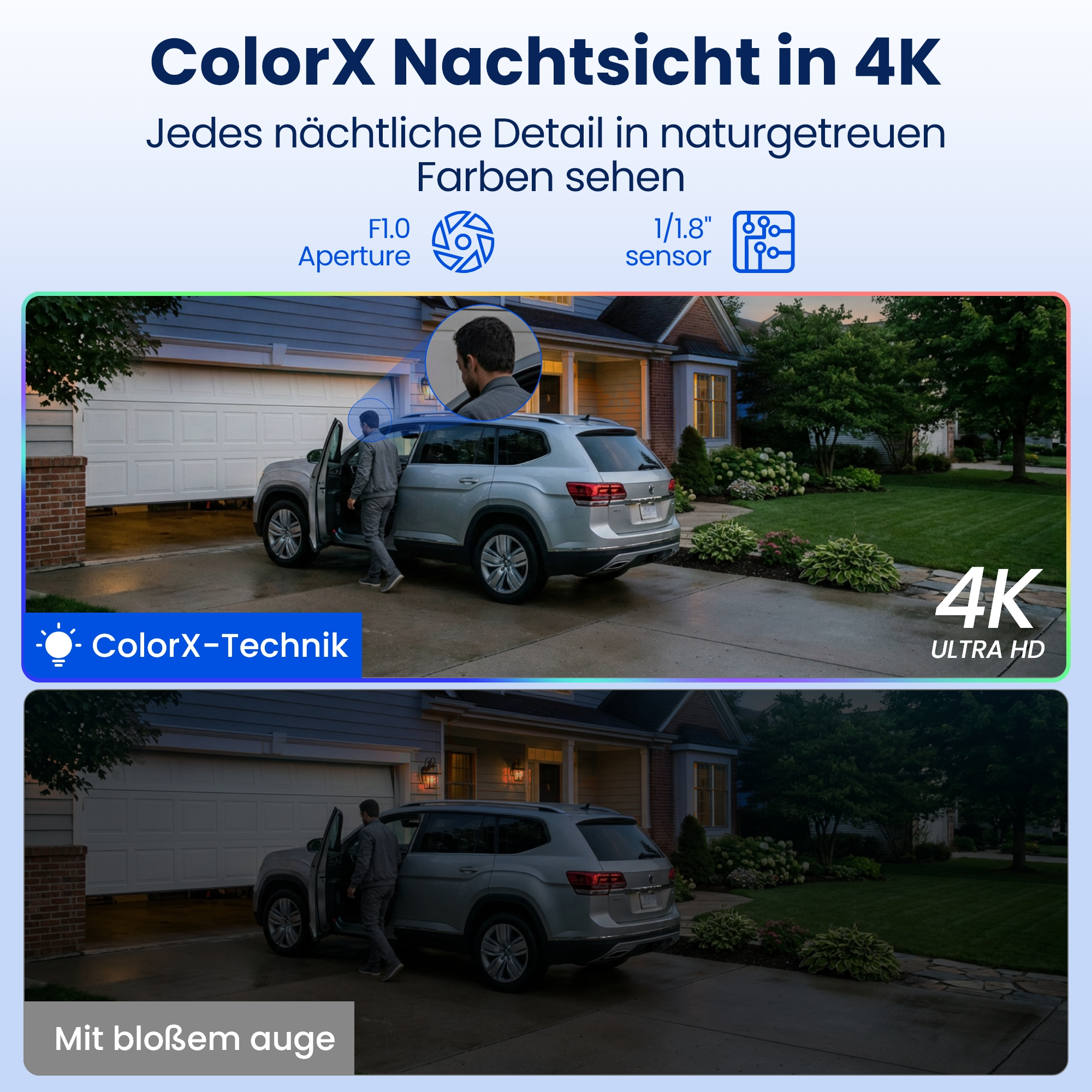 Silbernes SUV vor einem Haus bei Nacht. Oben mit ColorX-Technik, unten mit bloßem Auge.