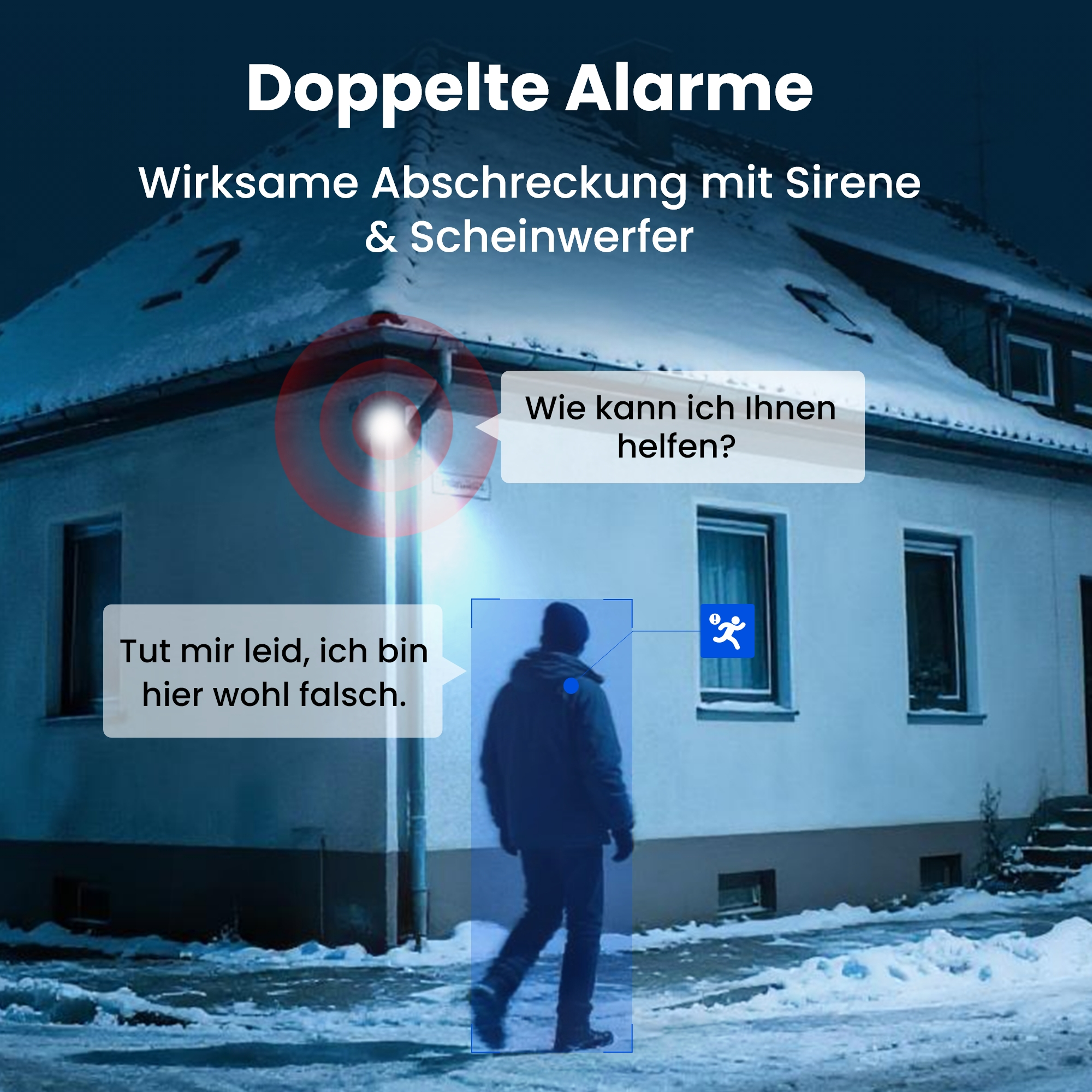 Mann im Schnee vor Haus, mit Sprechblasen und Alarmikone.