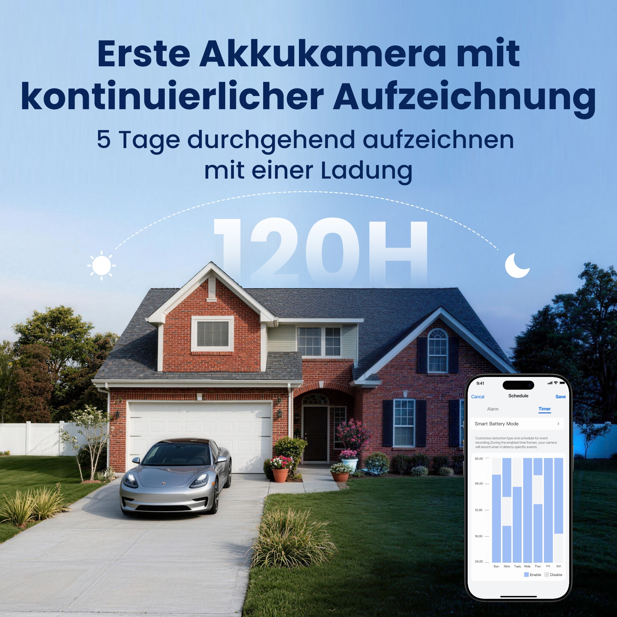 Haus mit Auto, Handy-App zeigt Zeitplan für Kamera-Aufzeichnung