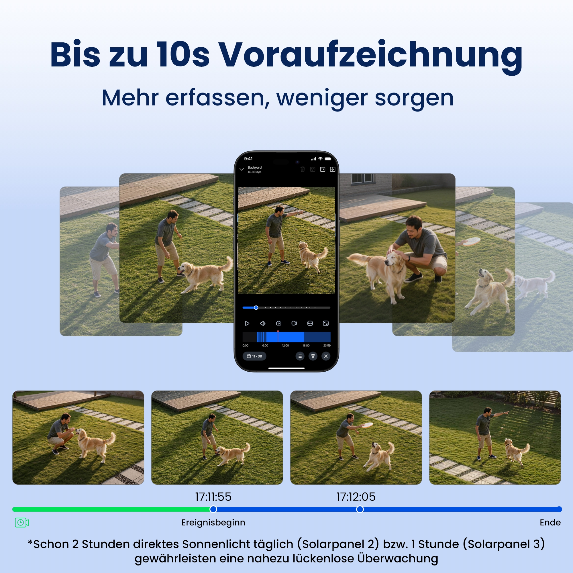 Mann wirft Scheibe für Hund im Garten, Videowiedergabe auf Handy.