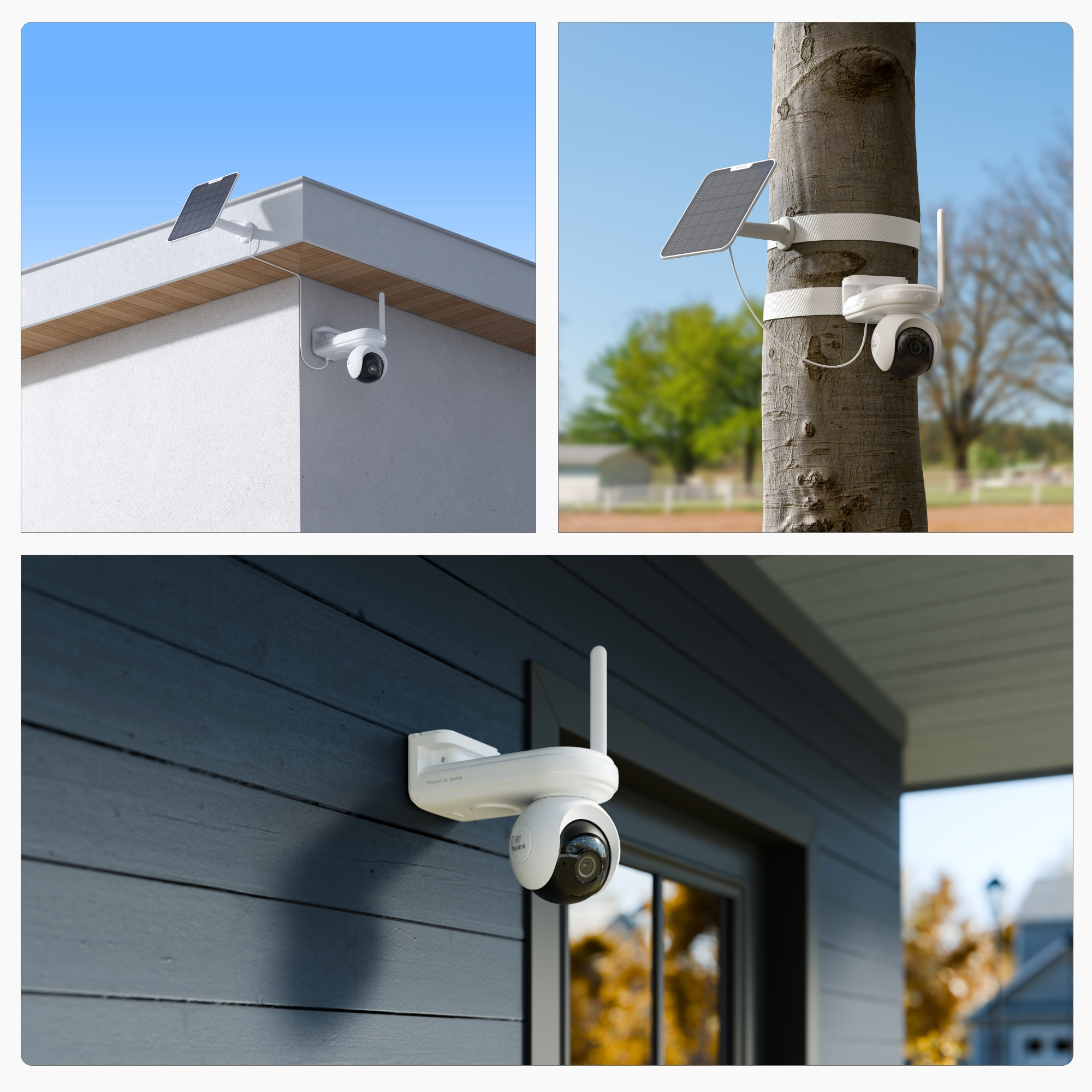 Weiße Überwachungskameras mit Solarmodulen an Gebäude, Baum und Wand montiert.