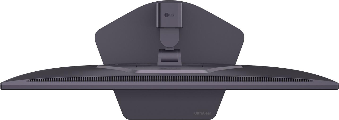 Rückseite eines schwarzen LG UltraGear Monitors mit Lüftungsschlitzen und verstellbarem Standfuß.