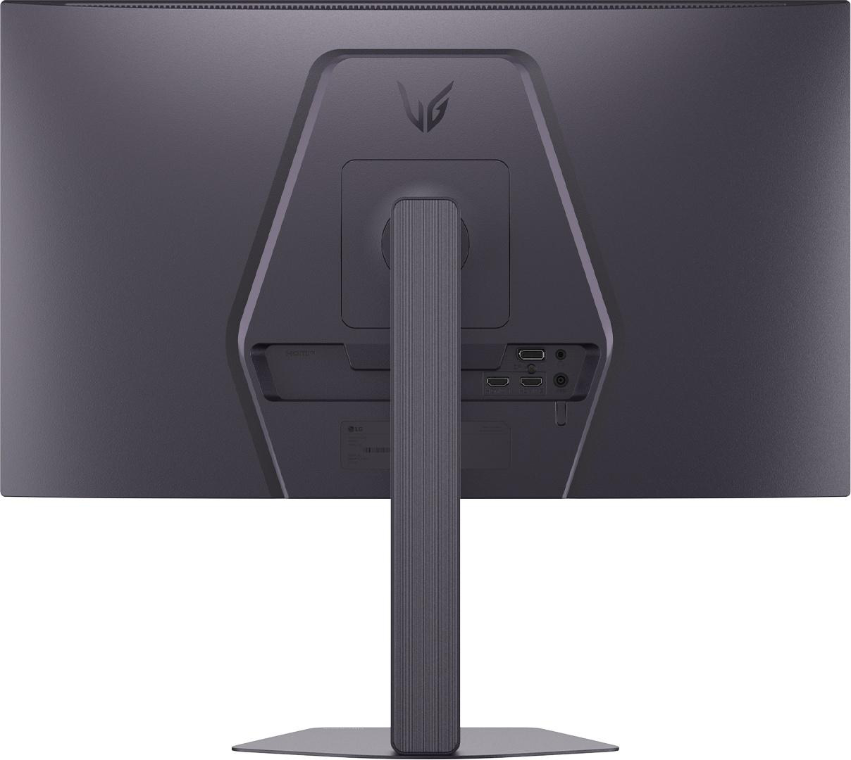 Rückseite eines grauen Monitors mit LG-Logo und Anschlüssen.