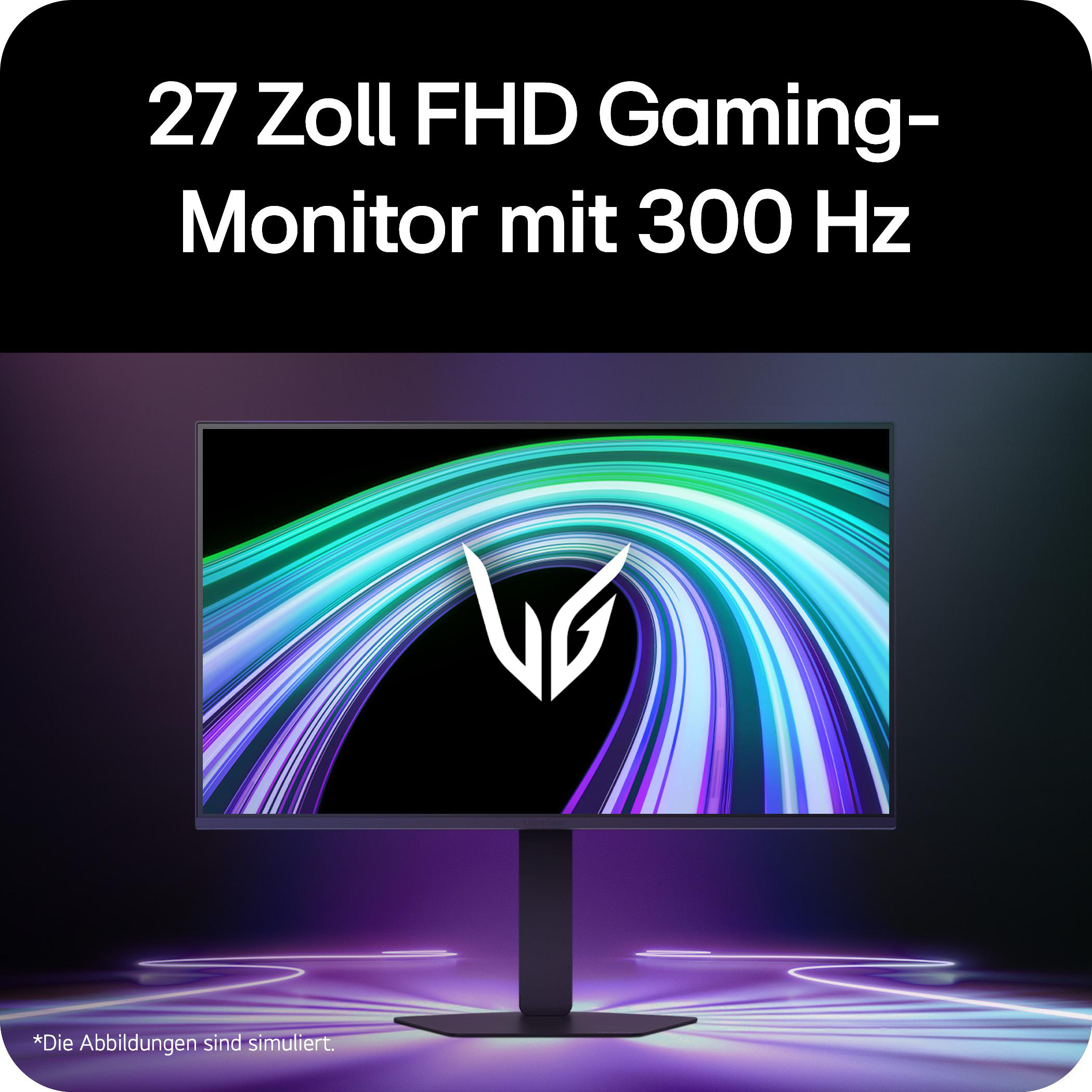 Ein 27-Zoll-Gaming-Monitor mit Full HD und 300 Hz, mit einem stilisierten Logo.
