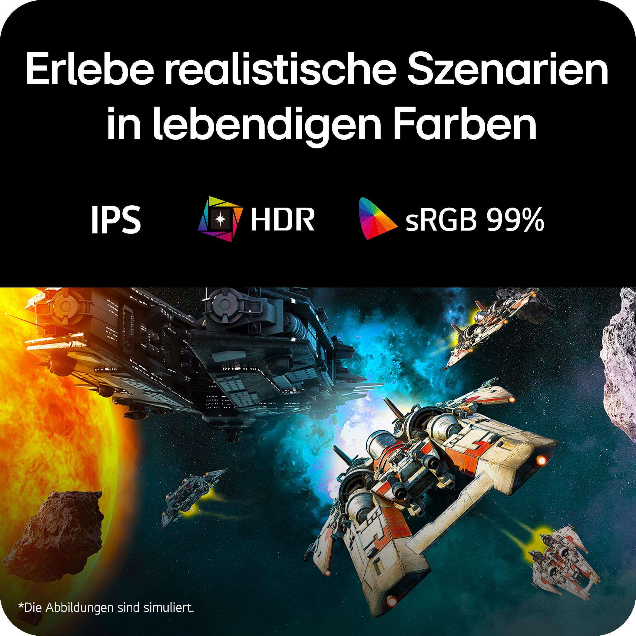 Raumschiffe fliegen vor einem großen, orangen Planeten und im Sternenhimmel.