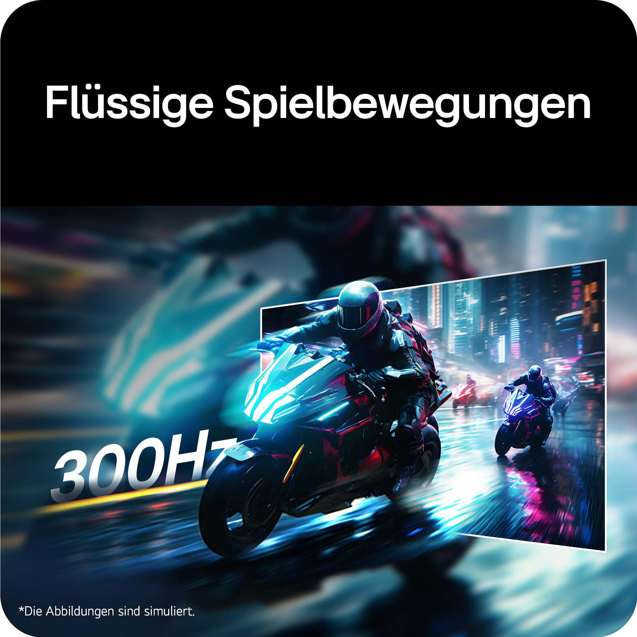 Zwei Motorradfahrer rasen durch eine neonbeleuchtete Stadt bei Nacht, 300Hz.