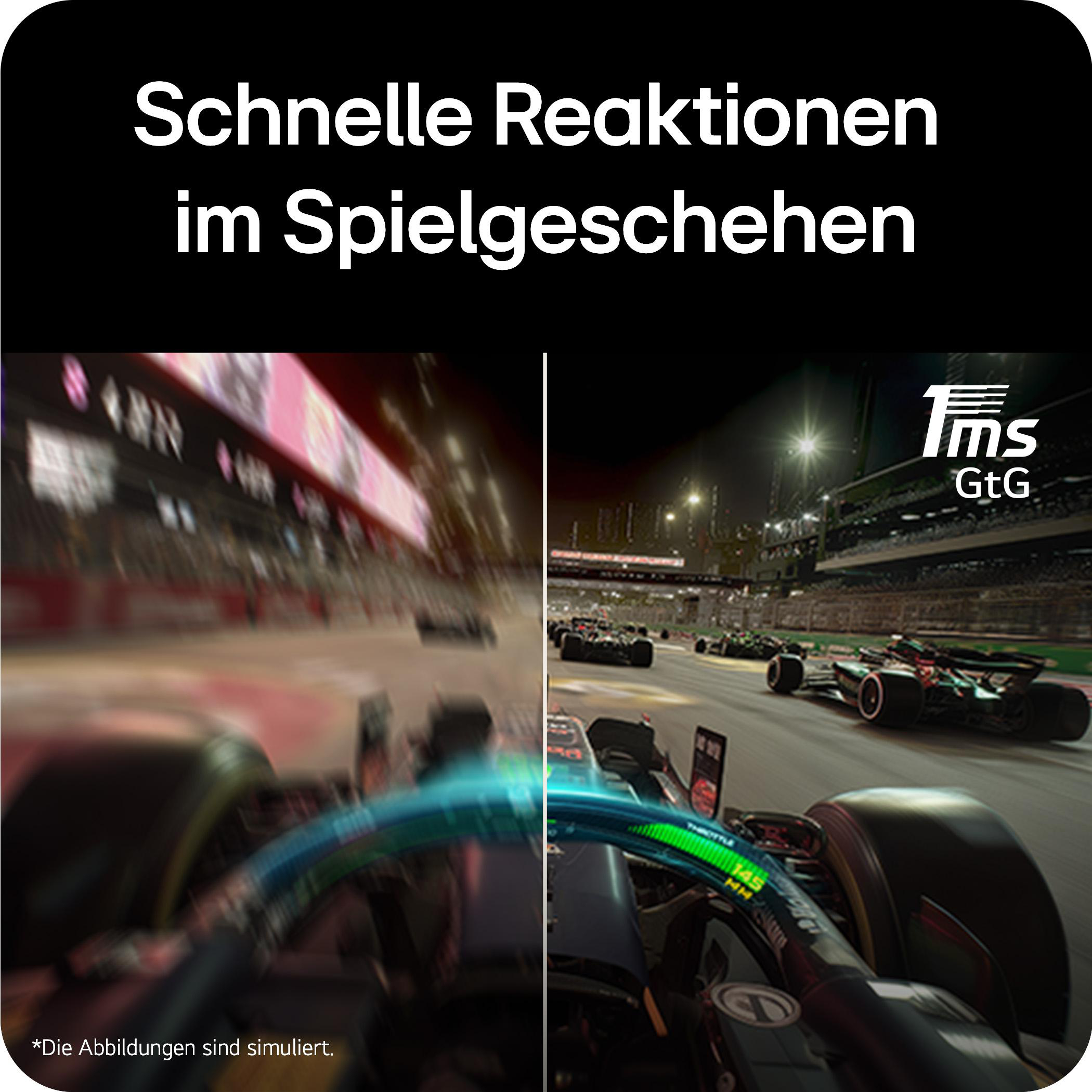Formel-1-Autos auf einer Rennstrecke bei Nacht, mit Rennanzeigen und "1ms"-Logo.
