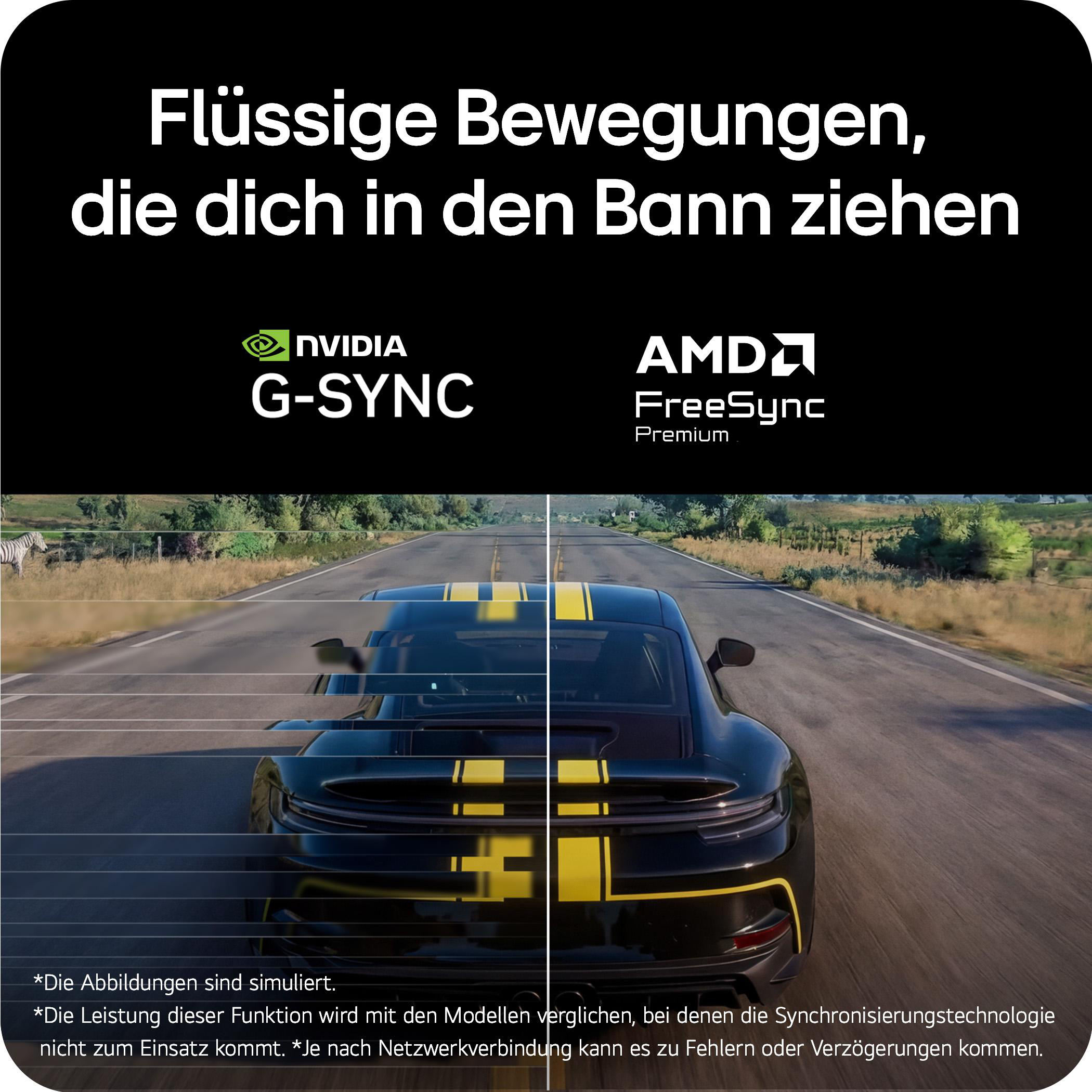 Ein schwarzer Sportwagen mit gelben Streifen fährt auf einer Straße. NVIDIA und AMD Logos.