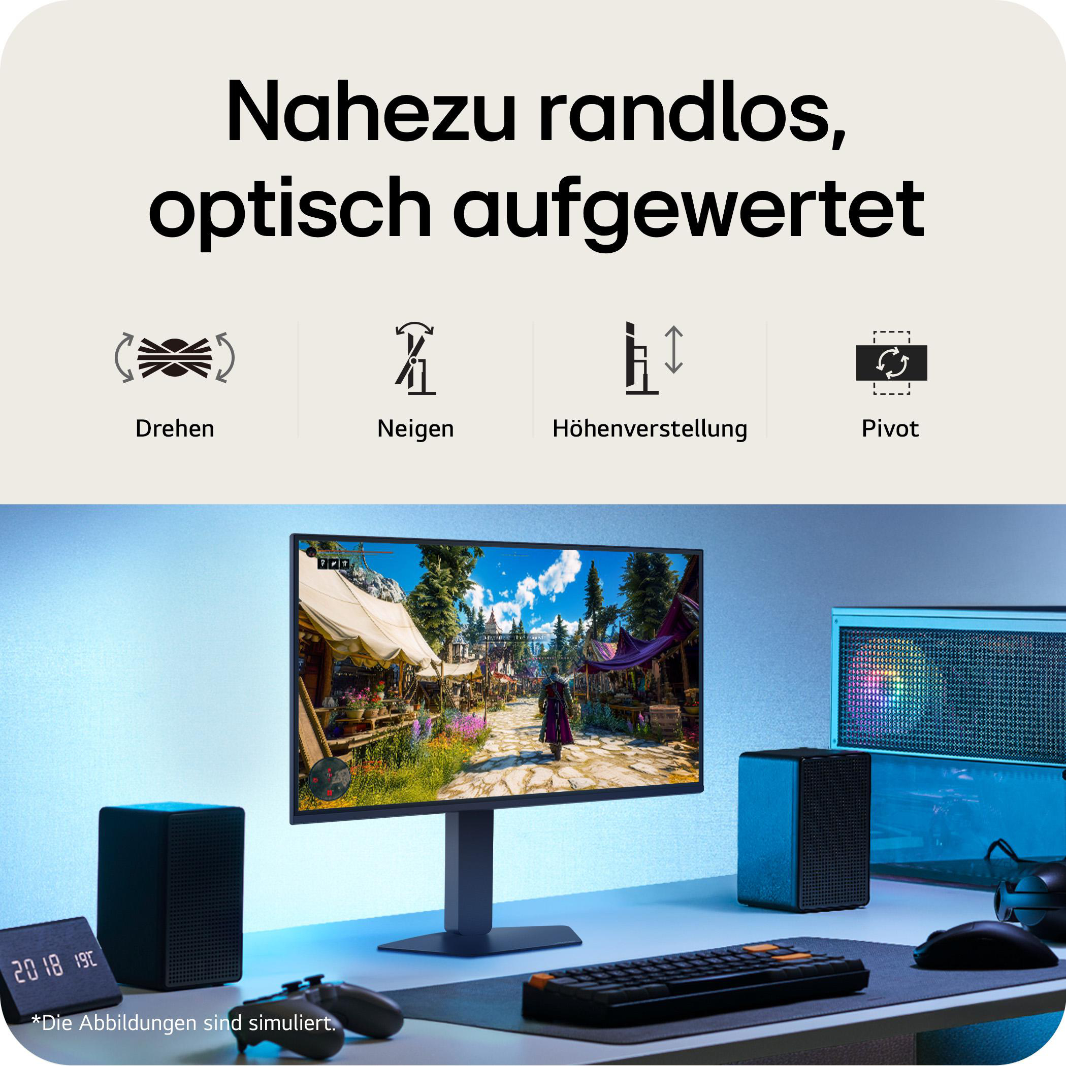 Ein Gaming-Setup mit Monitor, Tastatur, Maus und Lautsprechern. Icons zeigen Drehen, Neigen, Höhenverstellung, Pivot.