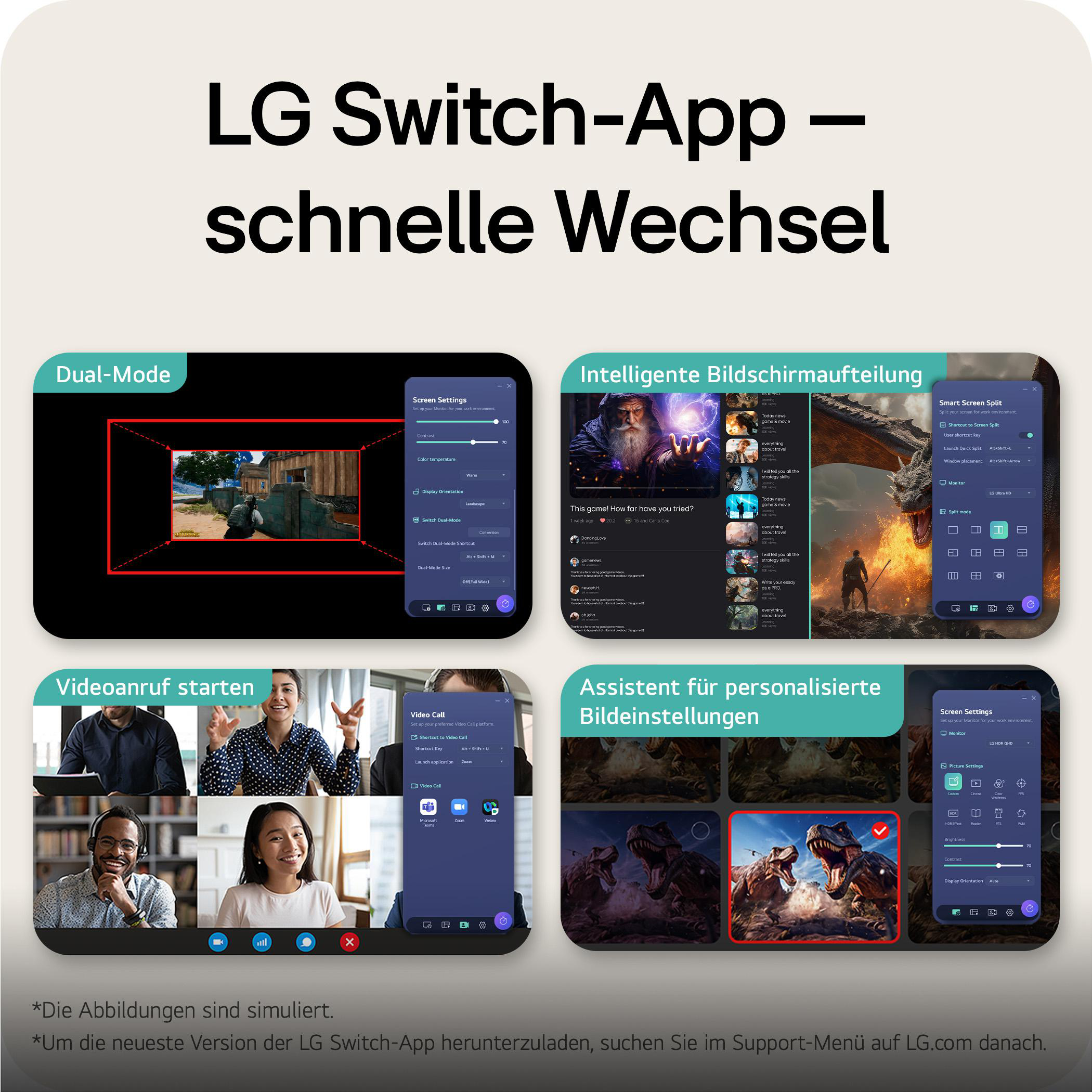 LG Switch-App zeigt Dual-Mode, Videoanrufe, Bildschirmaufteilung & Bildeinstellungen.