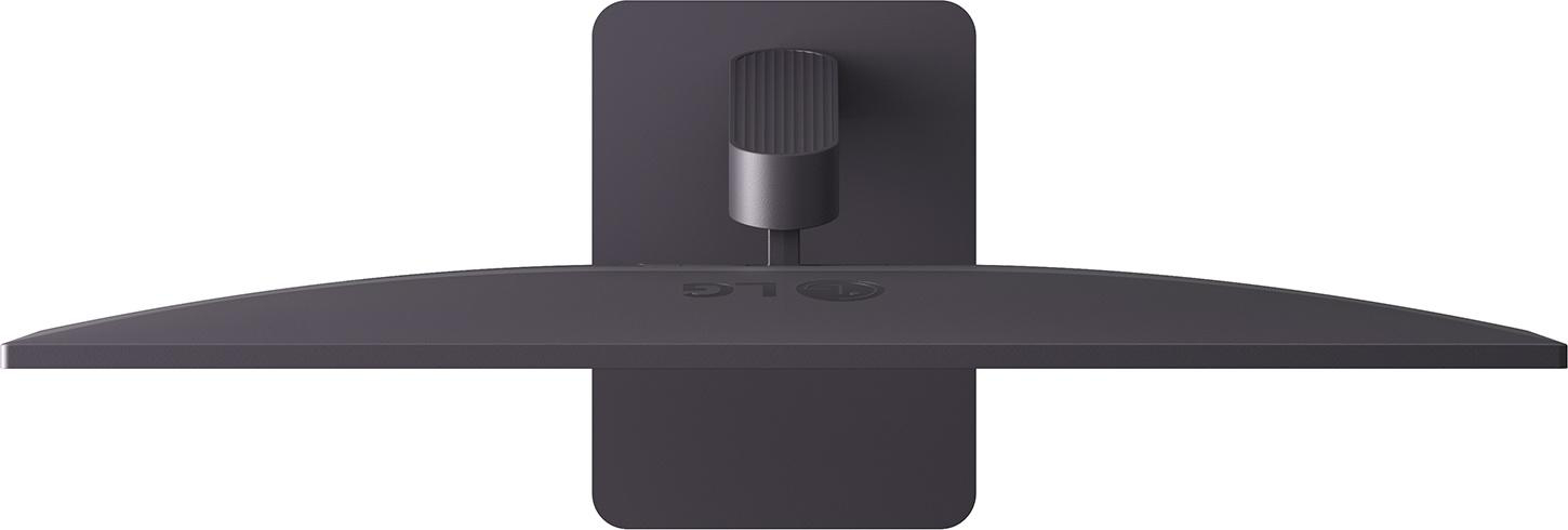 Rückseite eines schwarzen LG Monitors mit Standfuß. Das LG-Logo ist sichtbar.