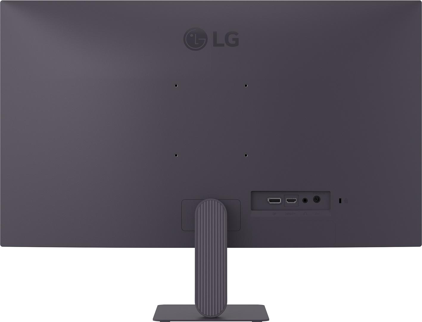 Rückseite eines grauen LG Monitors mit Anschlüssen und Standfuß.