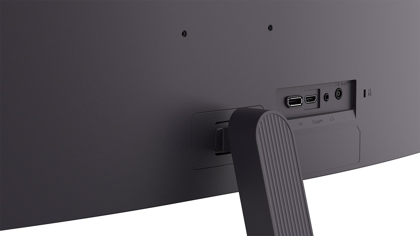 Rückseite eines Monitors mit Anschlüssen: HDMI, DisplayPort, Audio und Schloss.