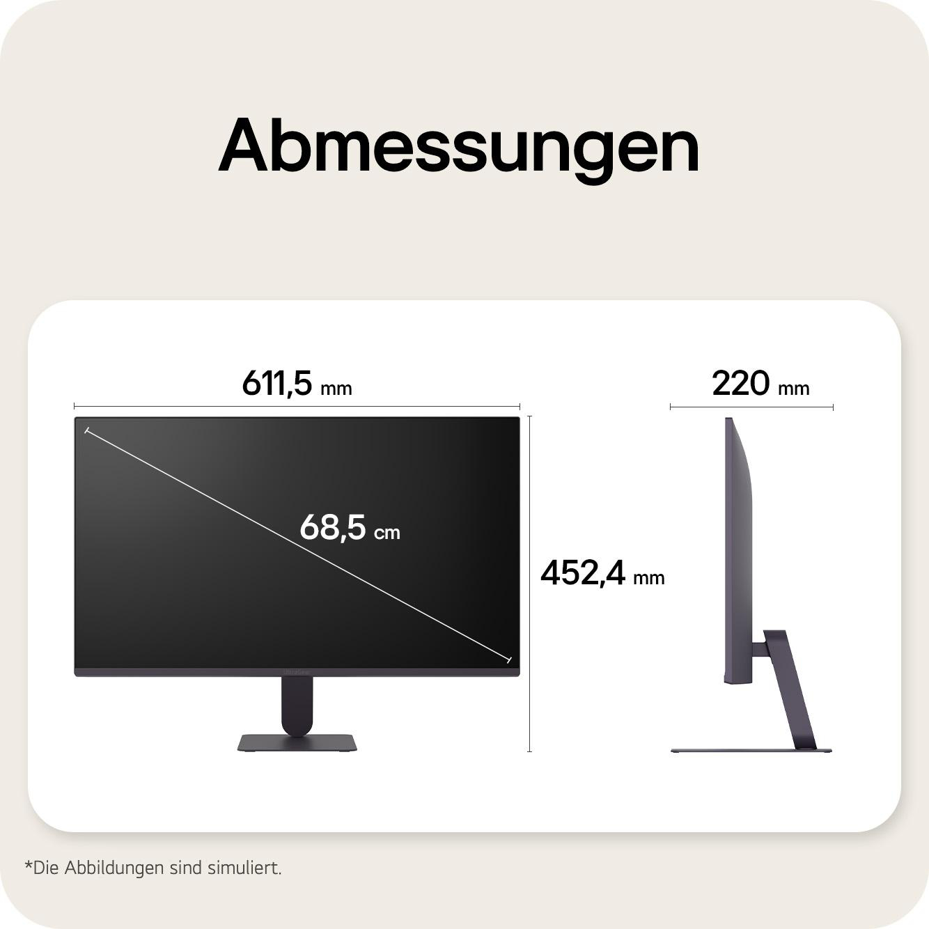 Abmessungen eines Monitors: 611,5mm Breite, 452,4mm Höhe, 220mm Tiefe.