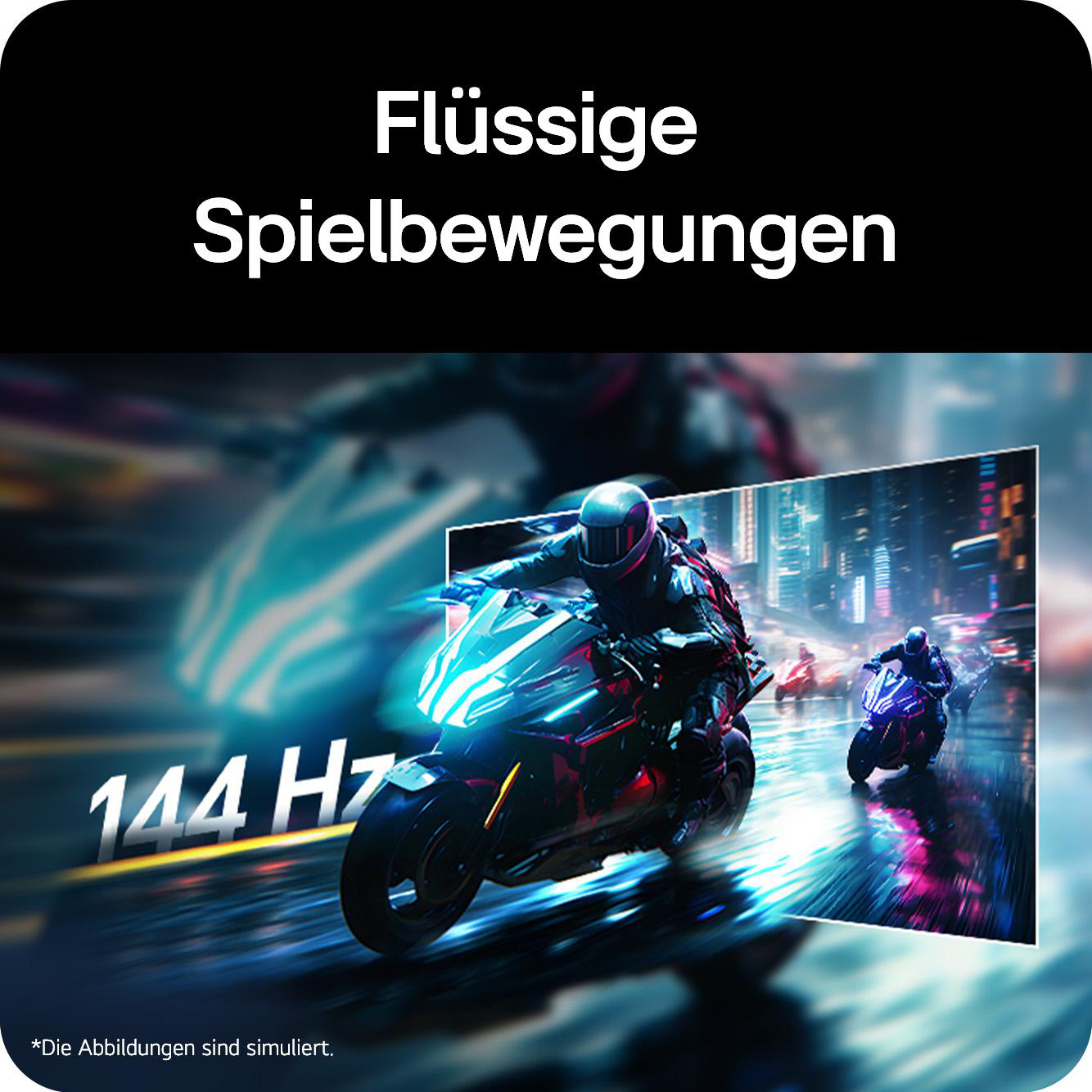 Rennfahrer auf Motorrädern fahren durch eine neonbeleuchtete Stadt. 144 Hz.