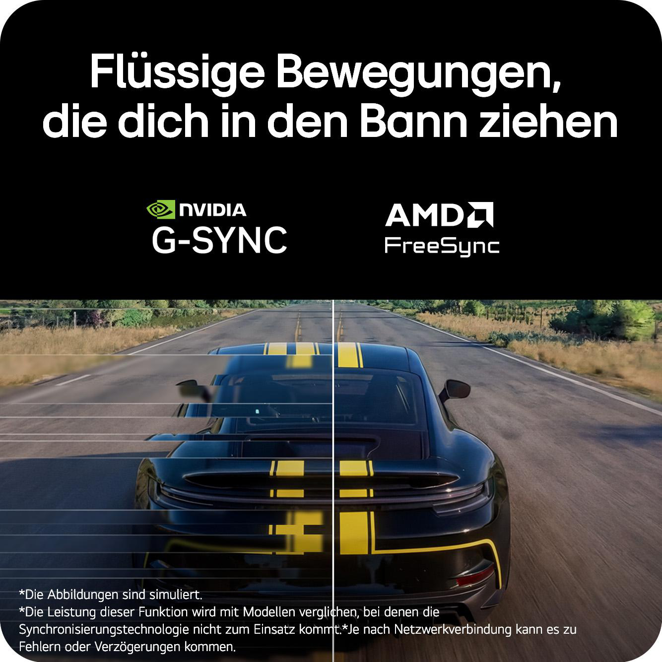 Ein schwarzer Sportwagen fährt auf einer Straße mit gelben Streifen. Oben sind Logos.