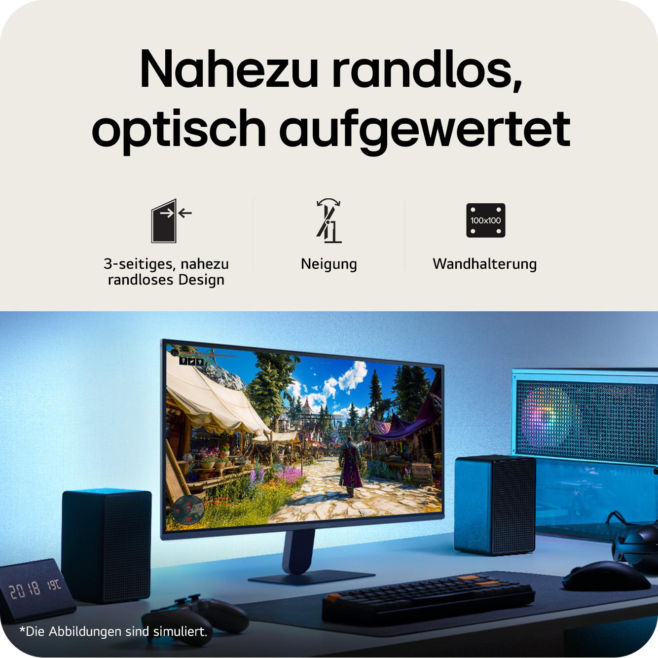 Ein Monitor zeigt ein Videospiel. Daneben stehen Lautsprecher und PC-Zubehör.