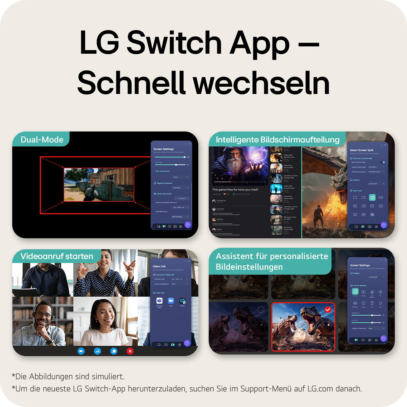 LG Switch App: Dual-Mode, intelligente Bildschirmaufteilung, Videoanrufe & personalisierte Bildeinstellungen.