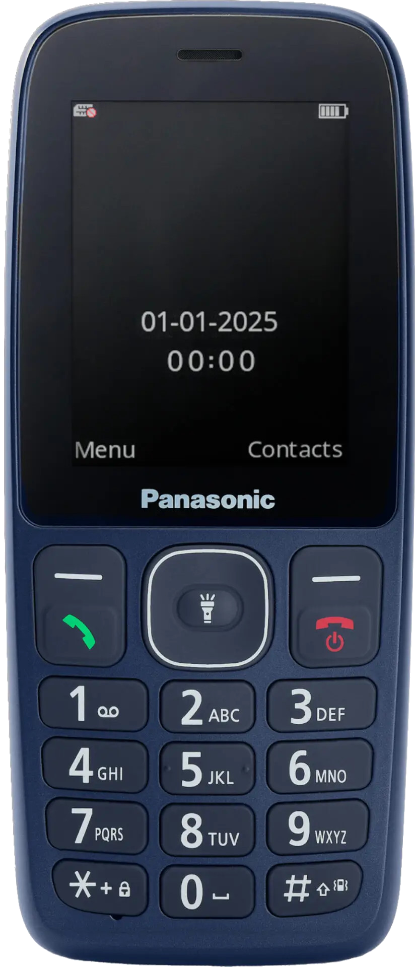 Niebieski telefon komórkowy Panasonic z klawiaturą numeryczną, datą i godziną na wyświetlaczu.