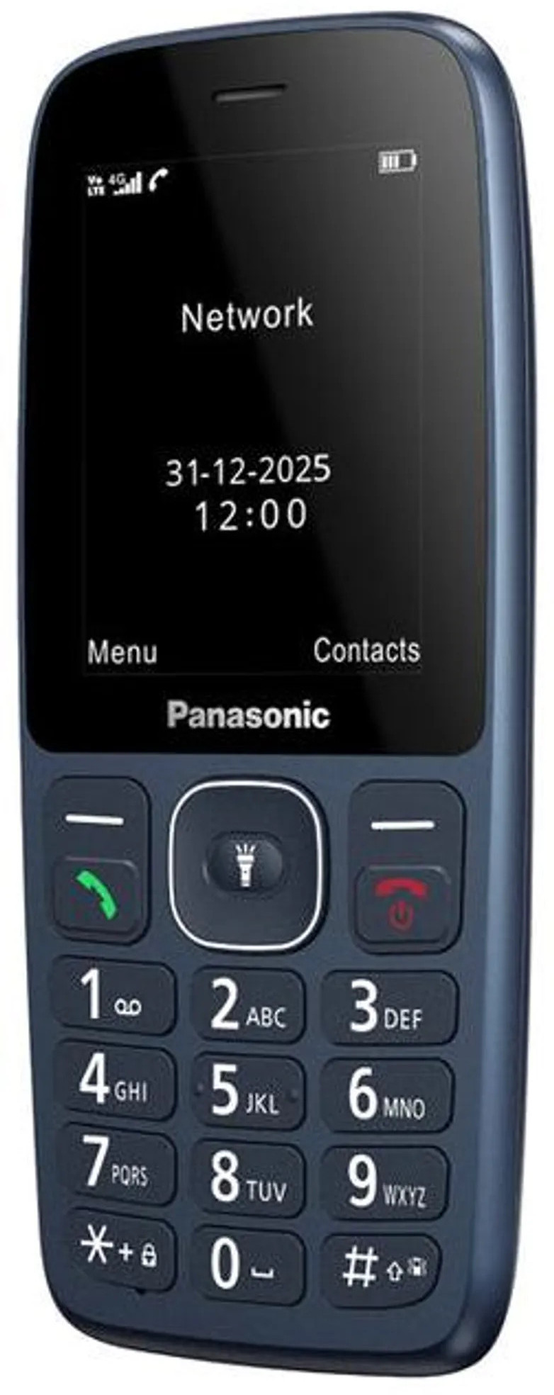 Ciemnoniebieski telefon komórkowy Panasonic z klawiaturą, datą 31-12-2025.