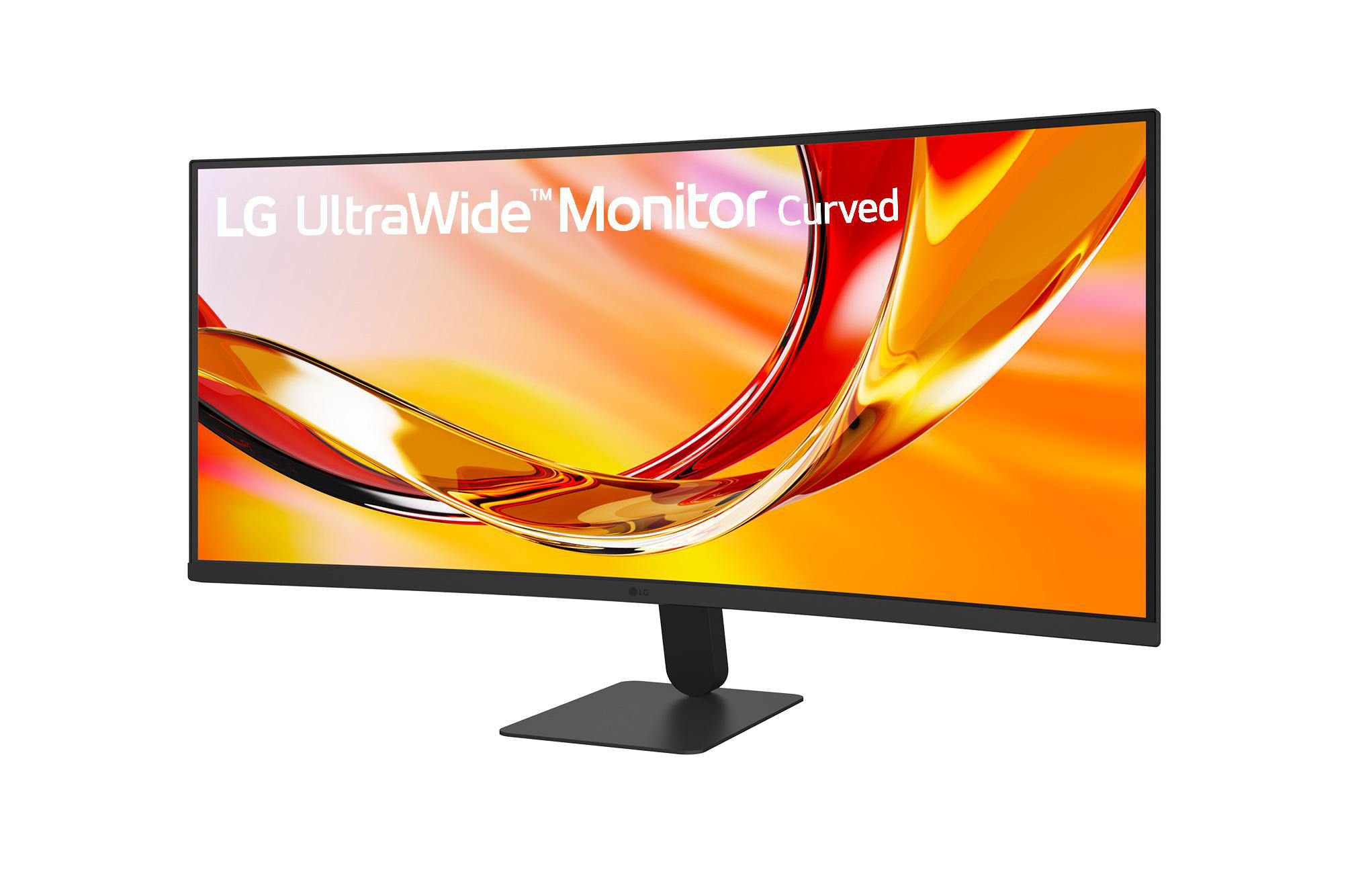 Ein gekrümmter LG UltraWide Monitor steht auf einem schwarzen Ständer vor einem bunten Hintergrund.