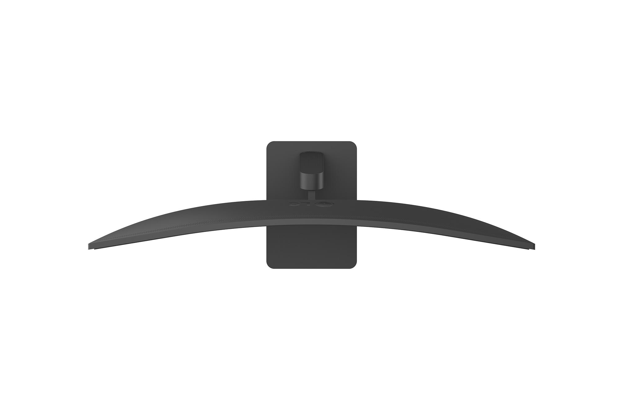 Eine schwarze, gekrümmte Monitoroberseite mit einem rechteckigen Ständer von oben gesehen.