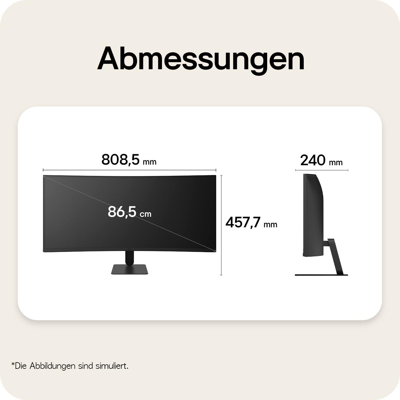 Abmessungen eines Monitors: Breite 808,5 mm, Höhe 457,7 mm, Tiefe 240 mm.
