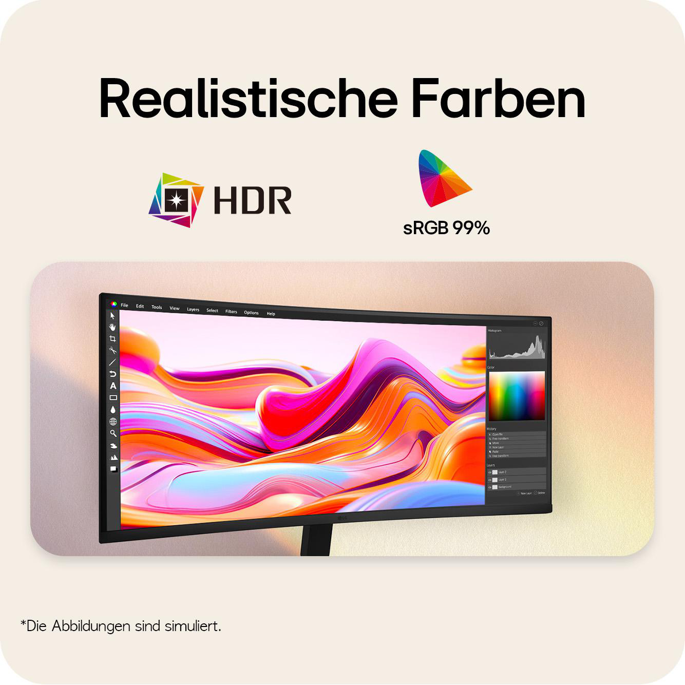 Ein Monitor zeigt bunte, abstrakte Formen. HDR und sRGB 99% sind hervorgehoben.