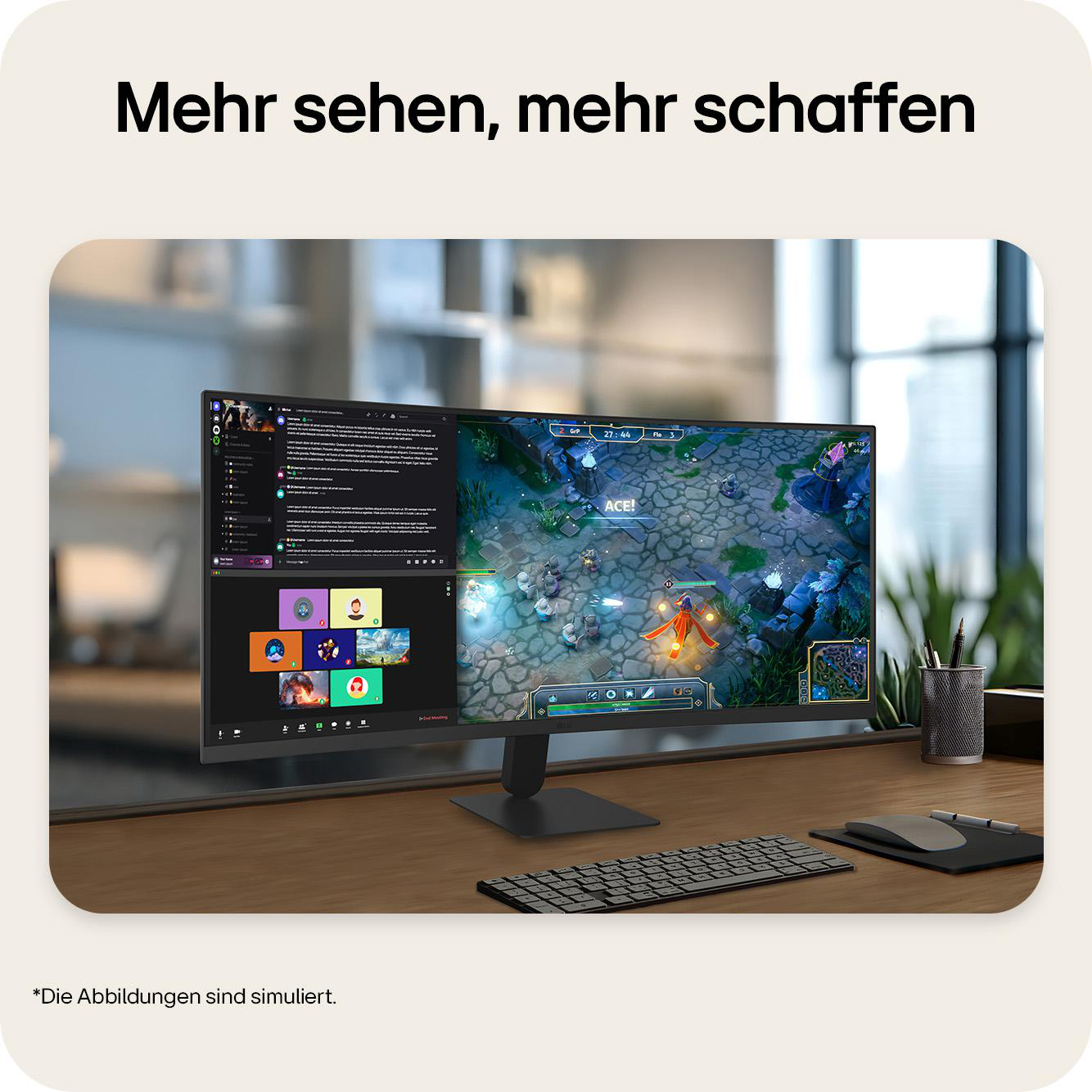Ein Monitor zeigt ein Computerspiel und Video-Chats. Darunter eine Tastatur und Maus.