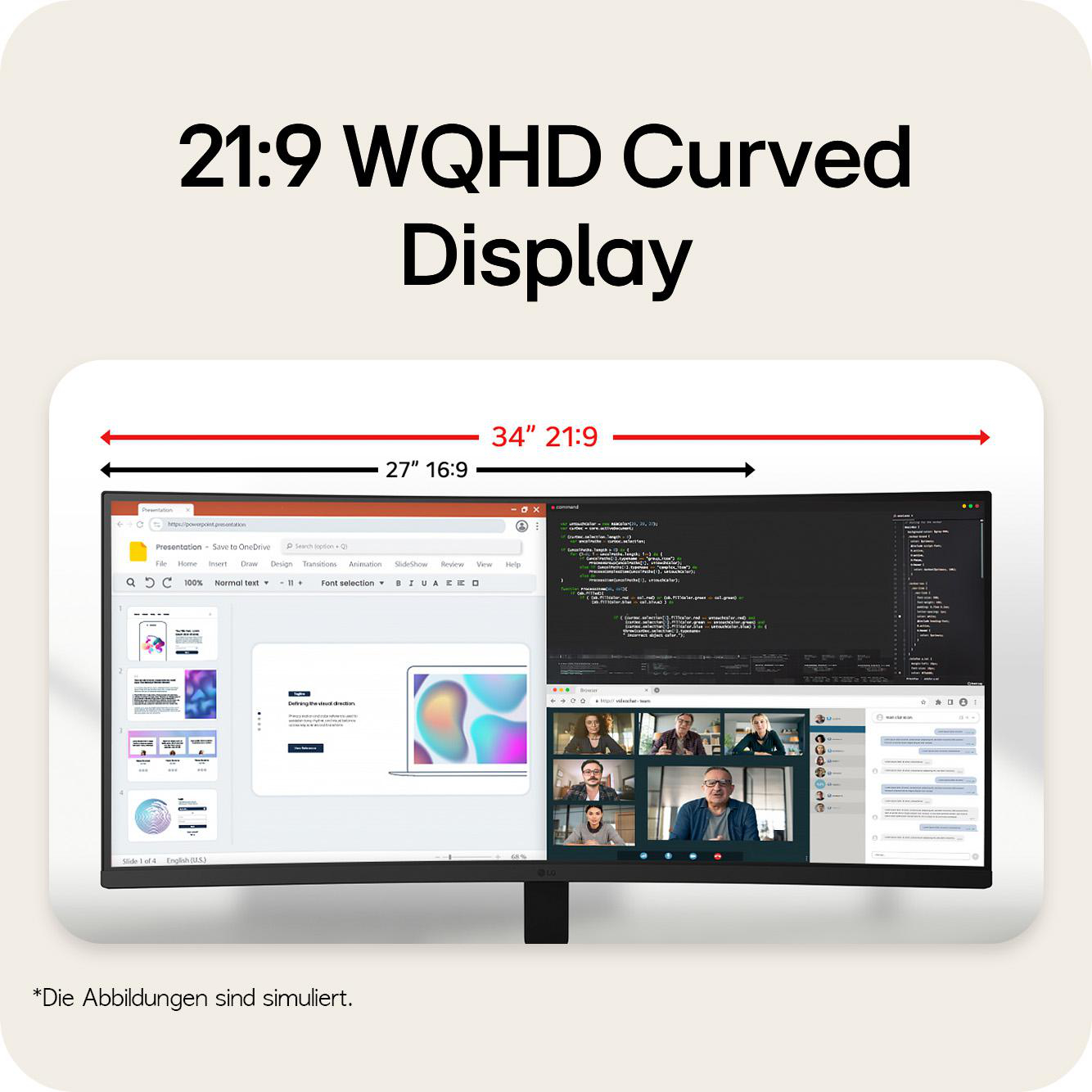 Ein 34-Zoll-21:9-WQHD-Curved-Display zeigt eine Präsentationsfolie, Code und Videokonferenz.