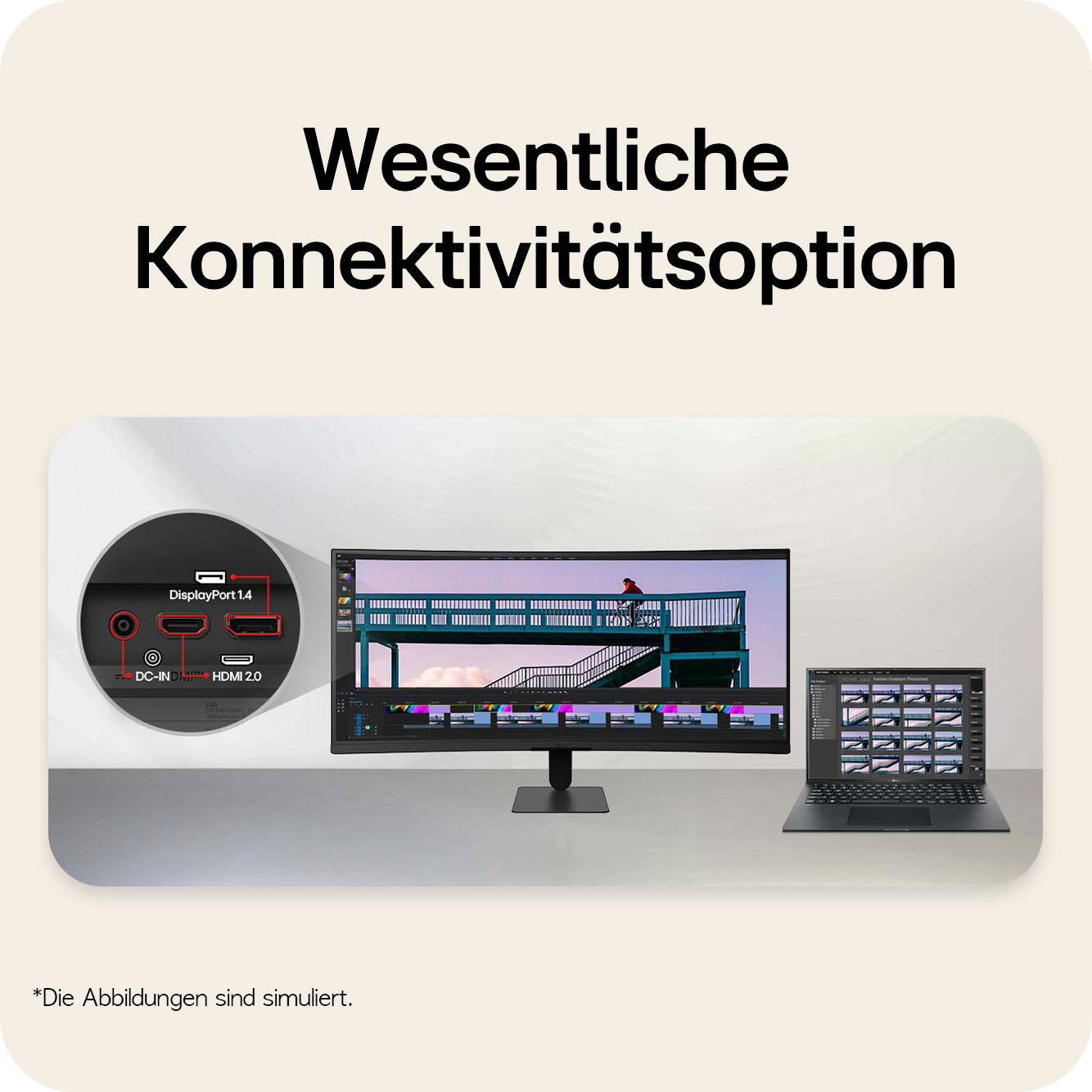 Ein Monitor zeigt eine Treppe, daneben ein Laptop. Anschlüsse sind sichtbar.