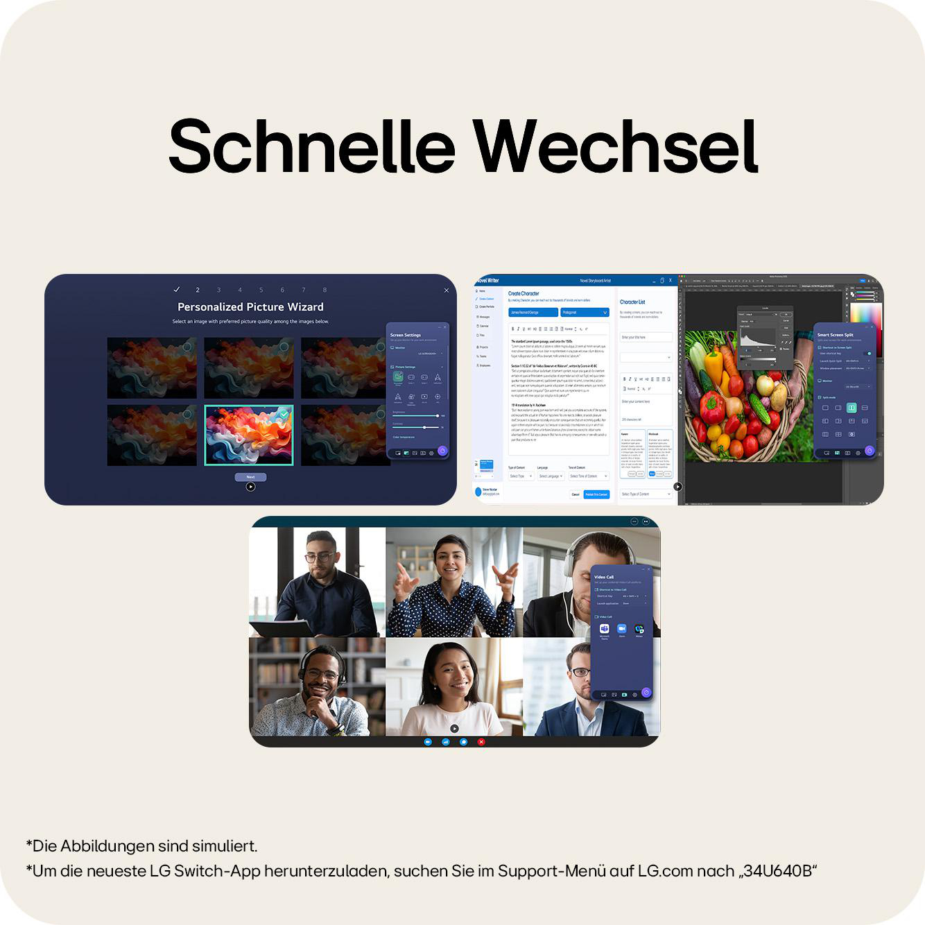 Mehrere Bildschirme zeigen eine personalisierte Bildeinstellung, Software-Interfaces und einen Videoanruf.
