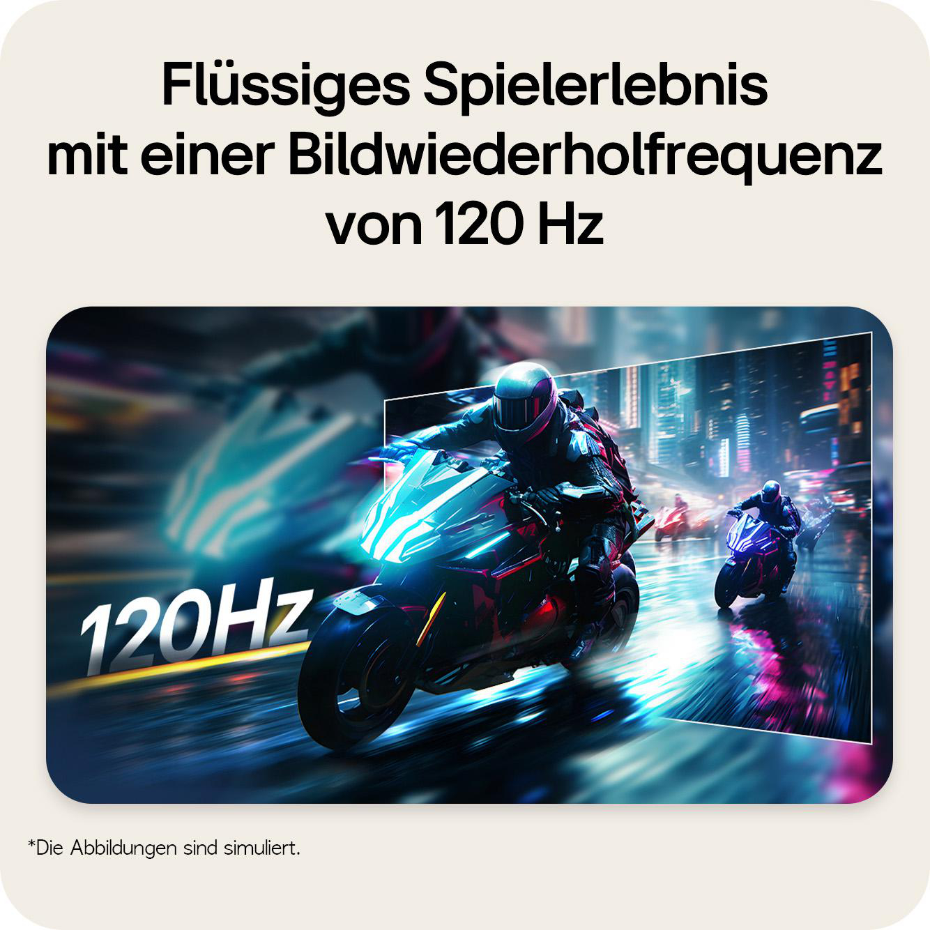Zwei Motorradfahrer auf einer neonbeleuchteten Straße bei Nacht. 120 Hz.