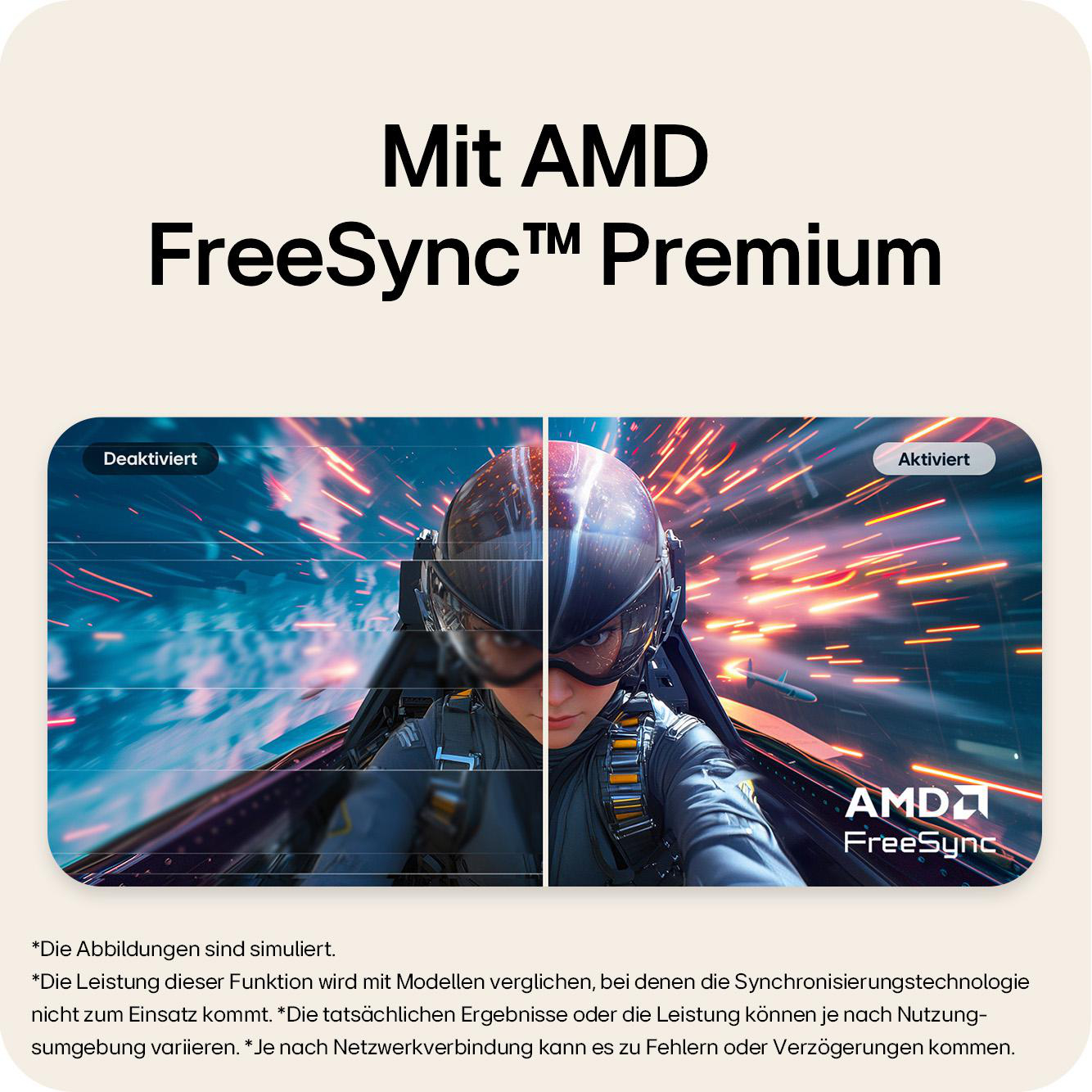 Split-Screen-Vergleich: Pilot im Cockpit, links deaktiviert, rechts aktiviert mit AMD FreeSync.