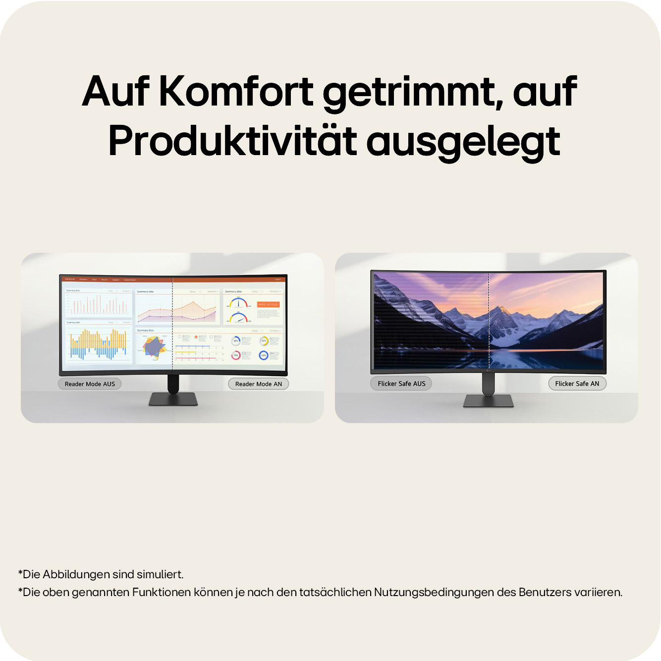 Zwei Monitore zeigen unterschiedliche Ansichten: links Diagramme, rechts eine Berglandschaft.