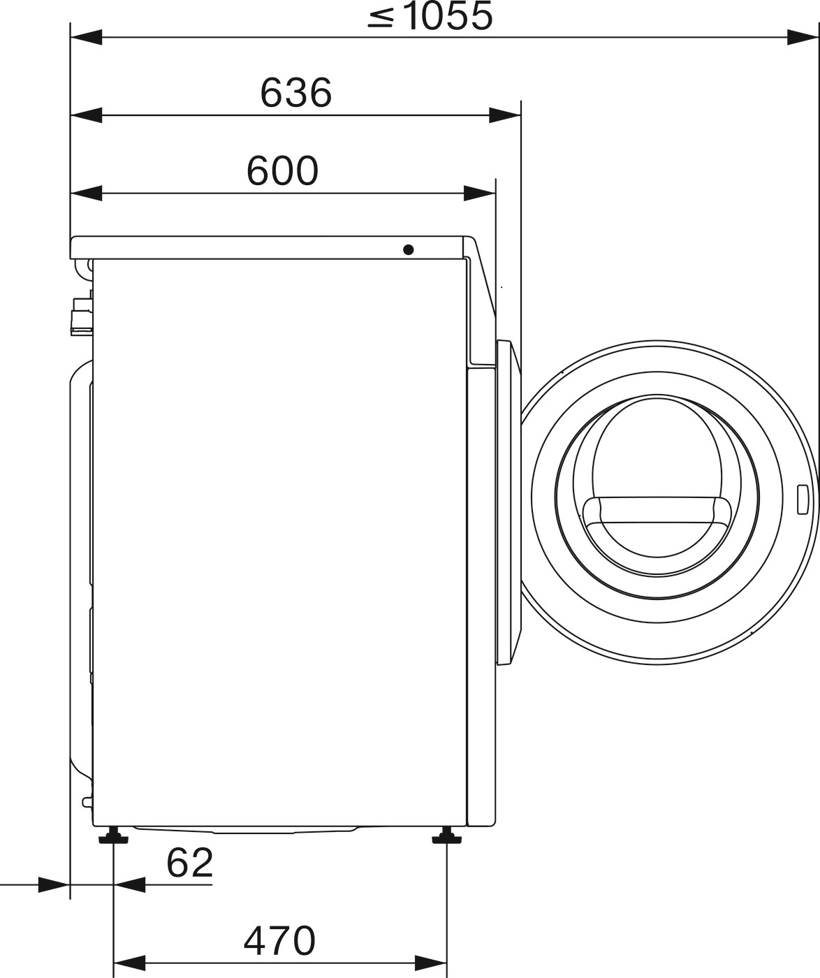 Technische Zeichnung einer Waschmaschine mit Maßen.